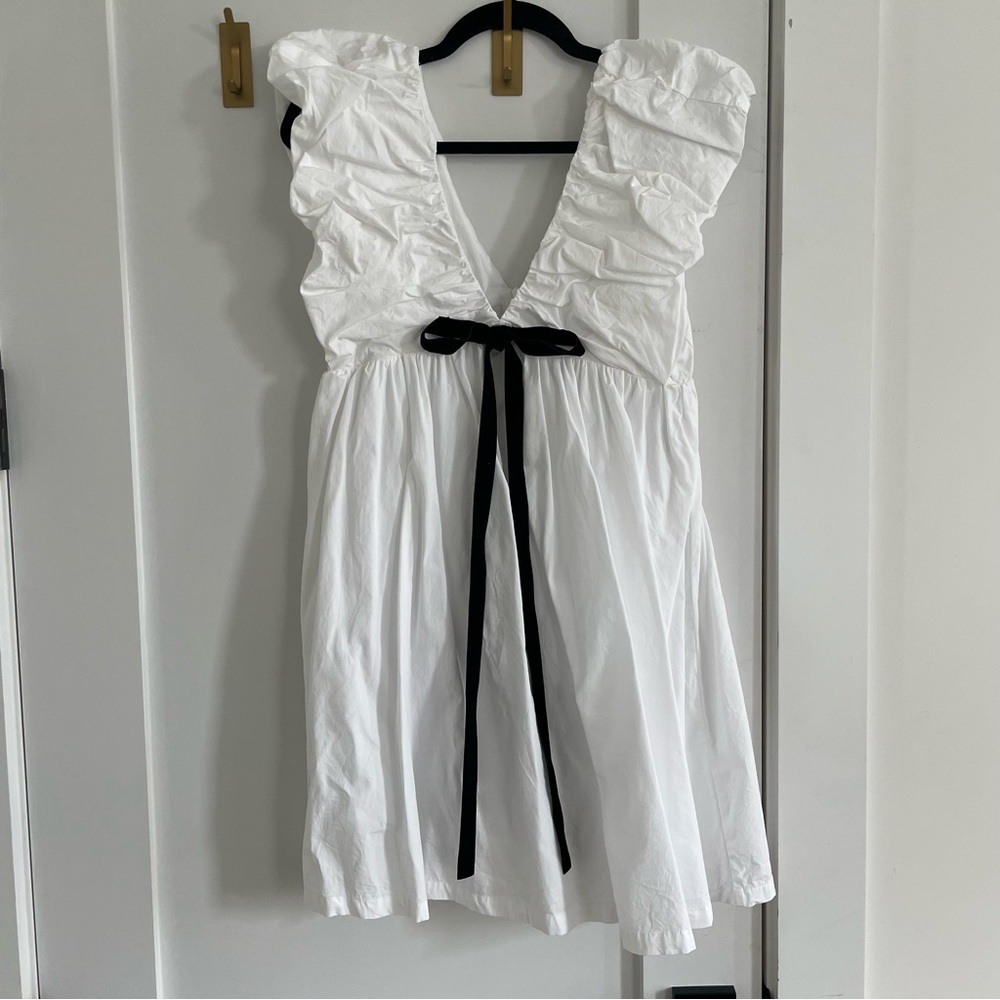 White Ruffle Mini Dress with Black Tie